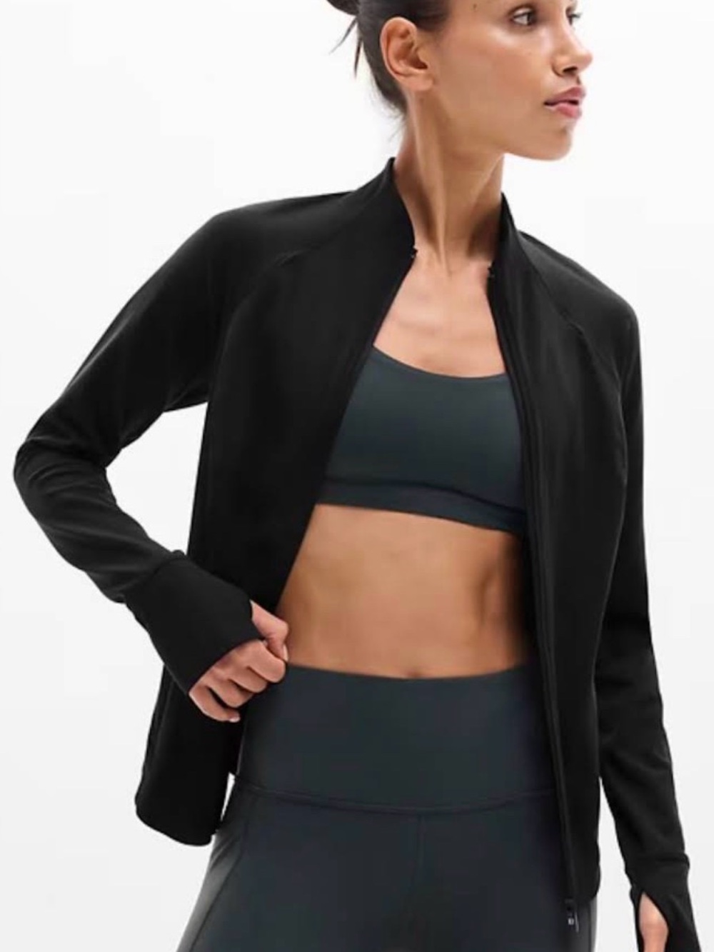 Athleta Black Salutation Zip-Front Jacket. High Mock Neck Collar Athleisure